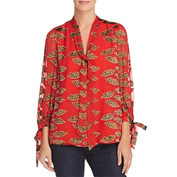 ALICE + OLIVIA RED BLOUSE WITH CHEETAH BURNOUT LIPS 3/4 SLEEVE TOP WITH TIES, M - Picture 4 of 11